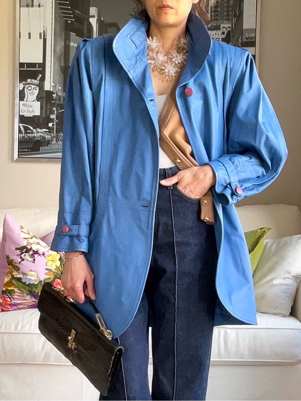 Vintage periwinkle blue leather batwing jacket